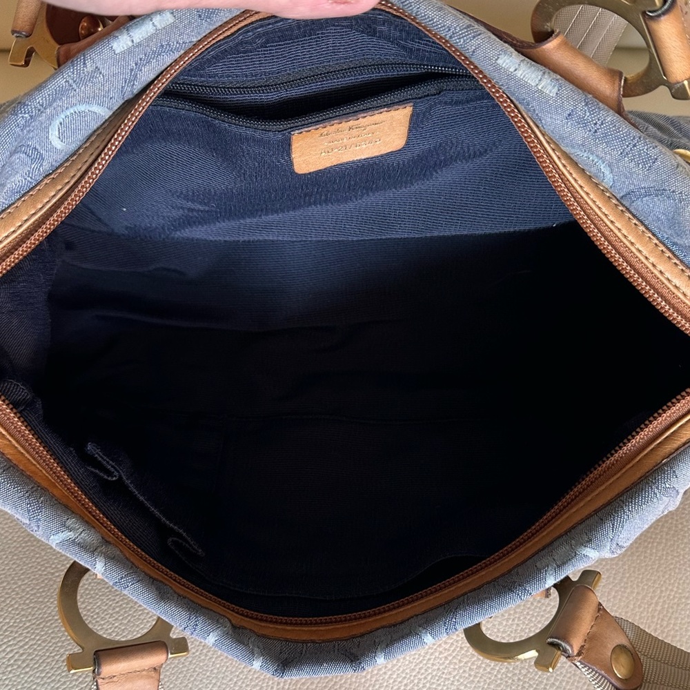 Ferragamo cotton blue denim shoulder satchel leather w/dustbag #H76c - Picture 7 of 10